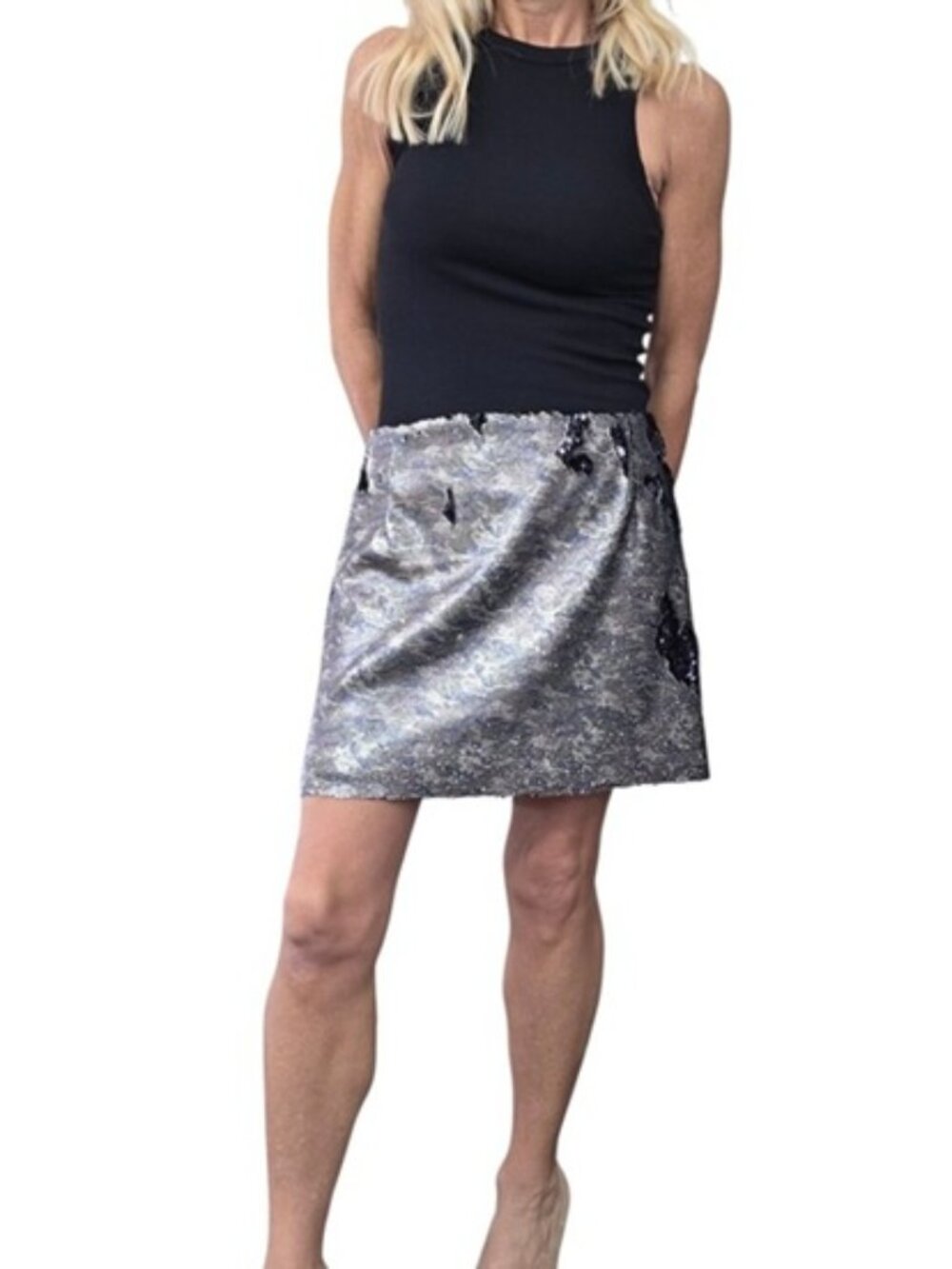 Free People FP One Skinny Camo Flip Sequin Mini Skirt 8 Silver Black
